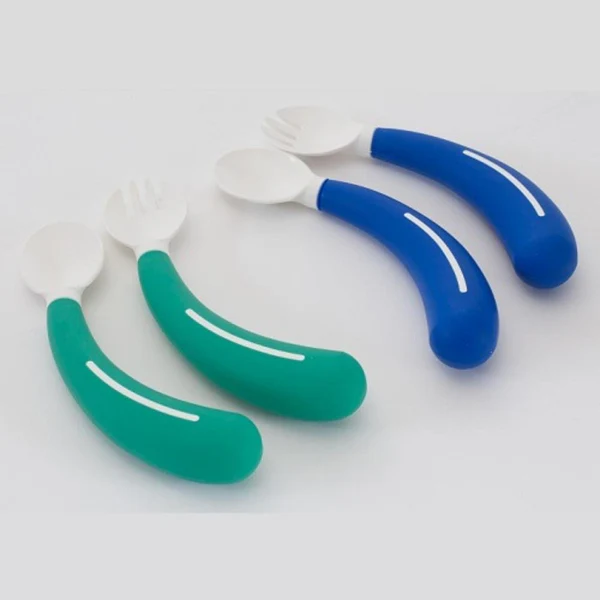 Curved fork and spoon set shown in green and also in blue with white plastic for end of spoon and fork